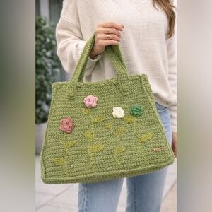 Handcrafted Green Floral Knit Bag